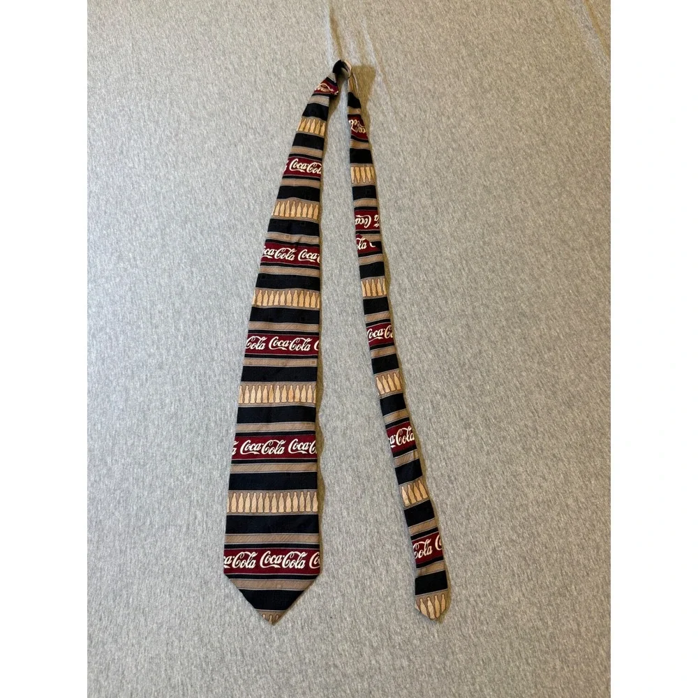 Vintage Coca-Cola Silk Tie Mens Navy Burgundy Striped Bottle Logo Made in USA